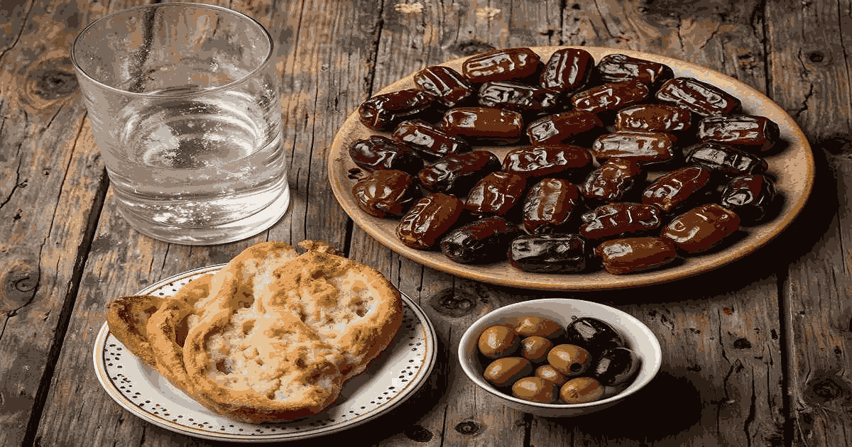 Muslims offering prayers and breaking fast during Ramadan